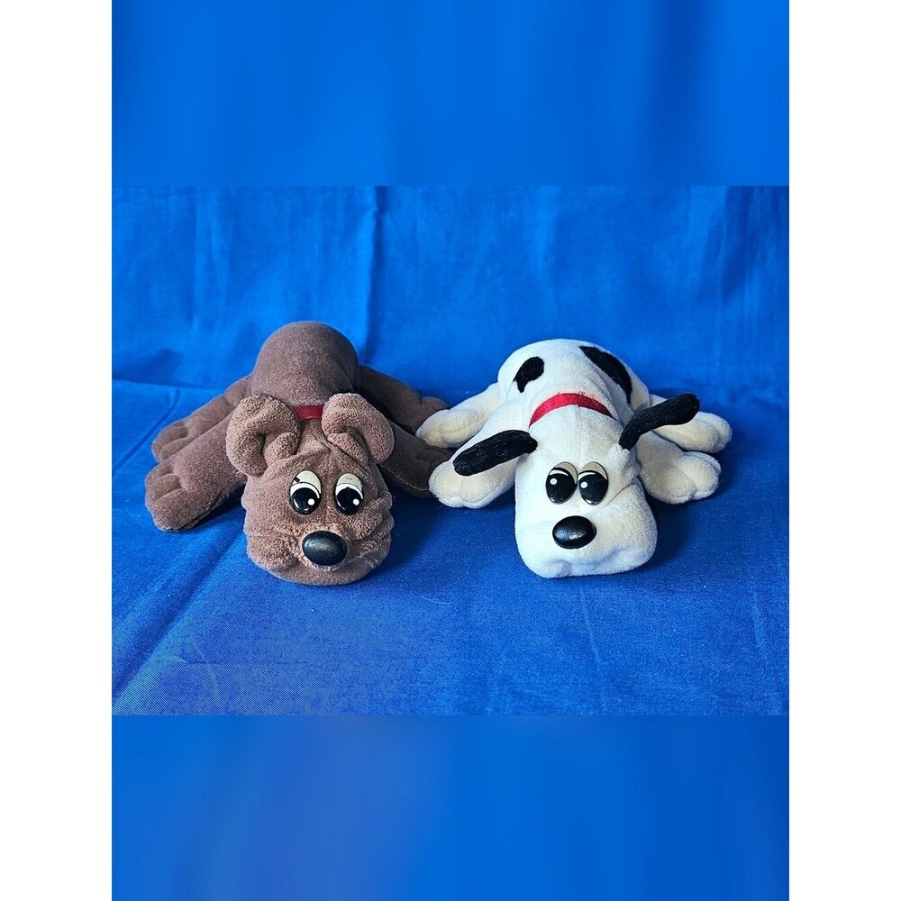 2 Vintage Pound Puppies Newborn 1986 Tonka Plush Stuffed Puppy Black White Brown